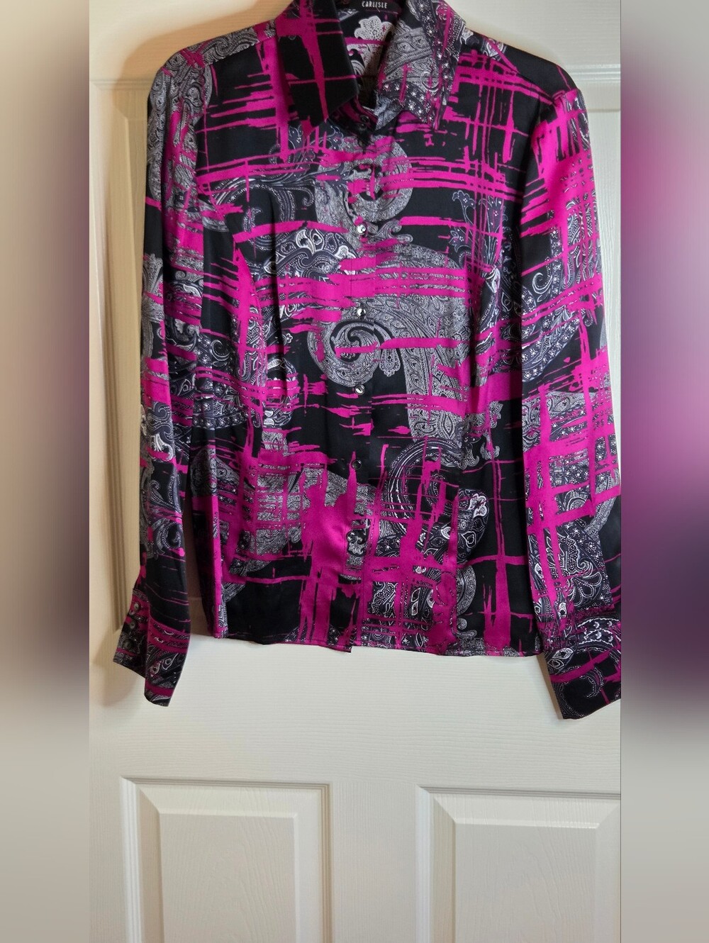 Vtg Carlisle 14 Black Fuchsia Gray 100% SILK Lsl Abstract ButtonsUp Women Blouse